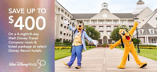 Save up to $400 on a 4-night/4-day Walt Disney World ticket & room package at Select Disney Resort Hotels