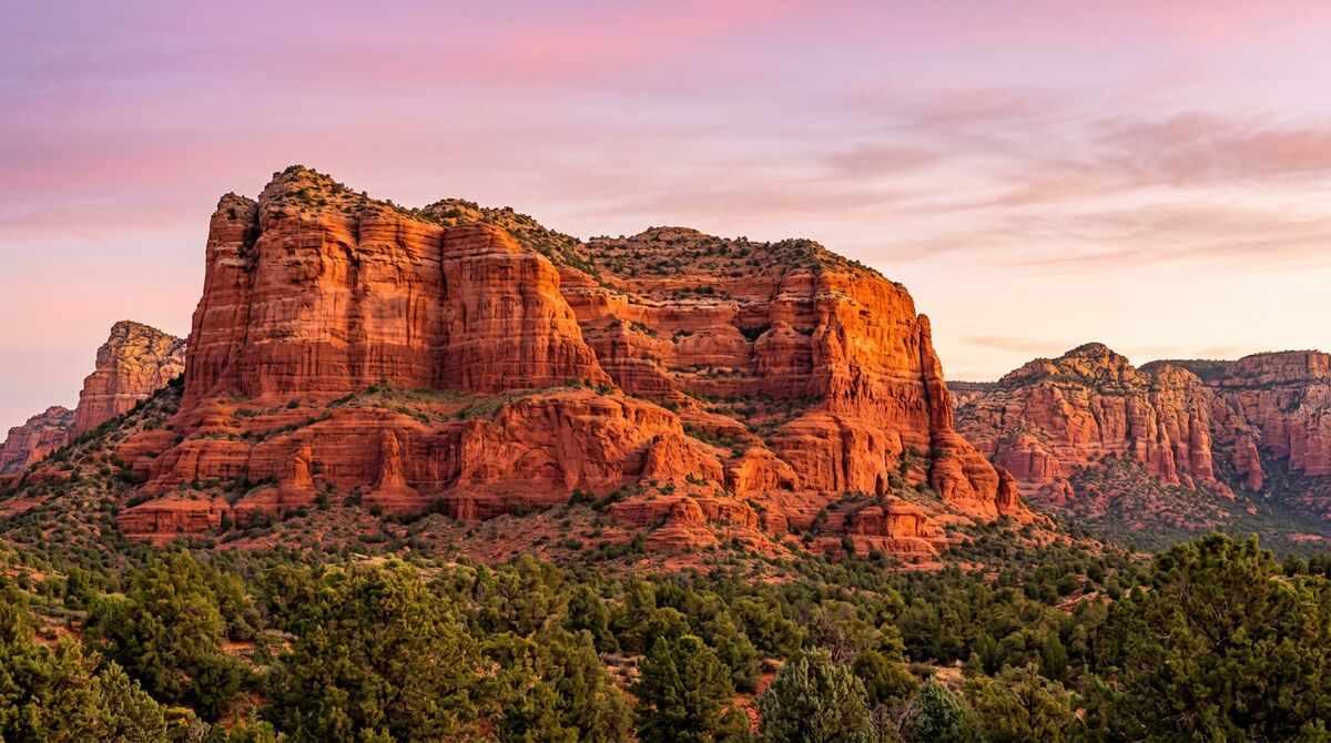 Red rock formations at sunset in Sedona, Arizona