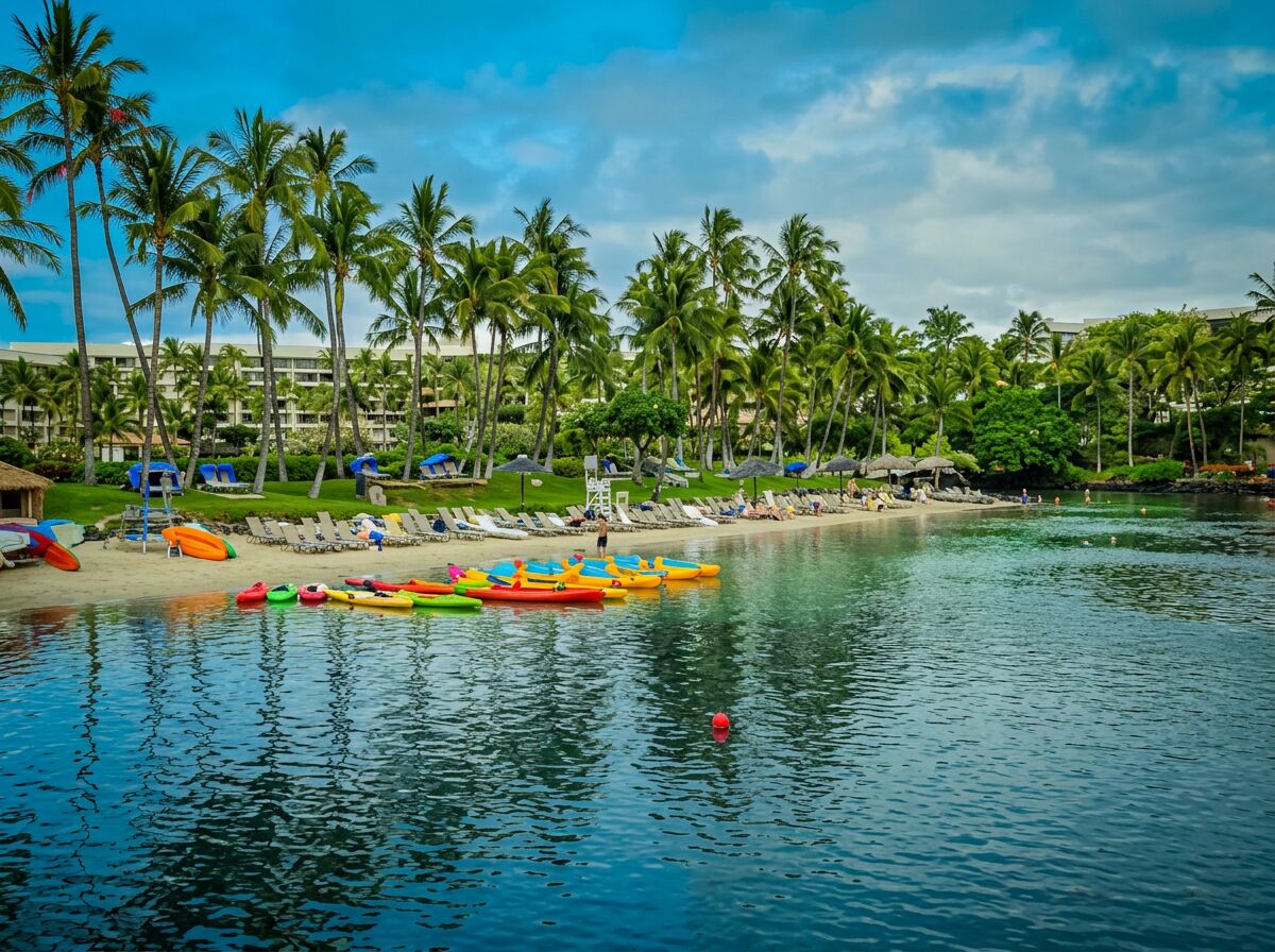 Hawaiian resort lagoon with colorful kayaks and palm trees