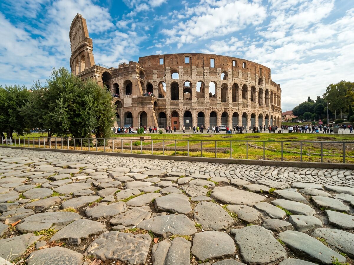 The Colosseum in Rome with cobblestone street in the foreground