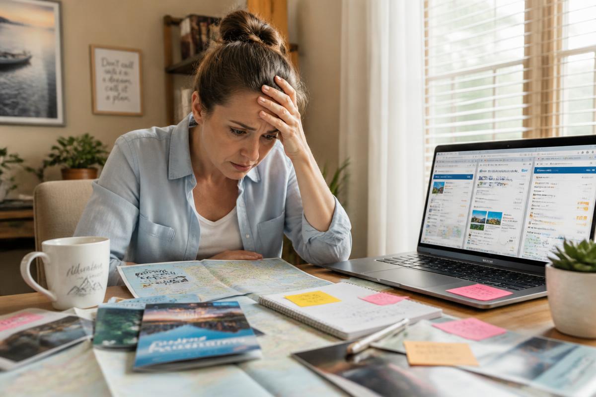 An overwhelmed traveler sitting at a cluttered desk covered in maps and brochures, wondering how to plan their trip
