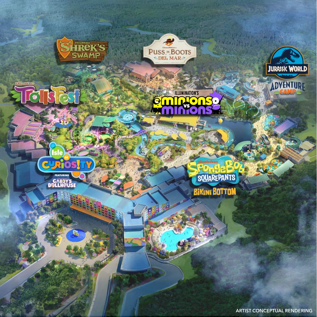 Aerial conceptual rendering of Universal Kids Resort showing all seven themed lands