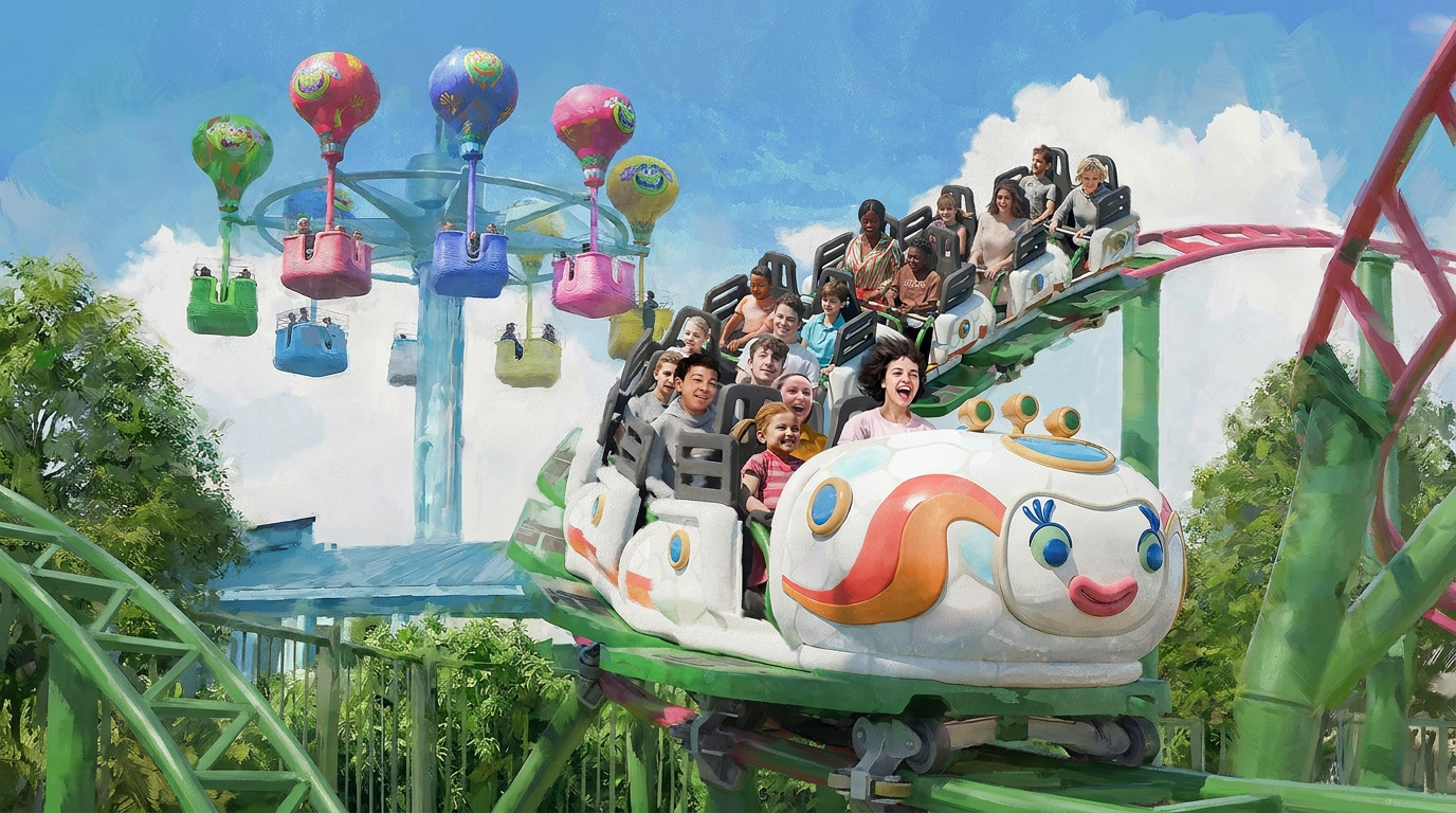 Kids riding a colorful roller coaster at Universal Kids Resort